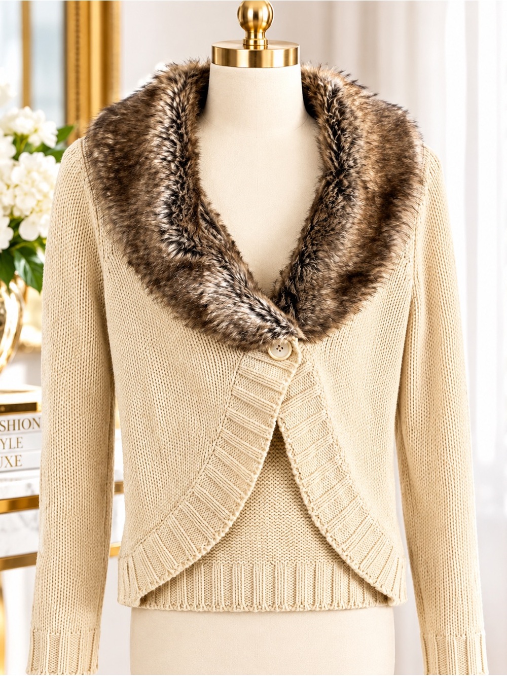 CAROLYN TAYLOR SZ L Women's Cream Sweater Shrug Faux Fur Collar 1 Button closure